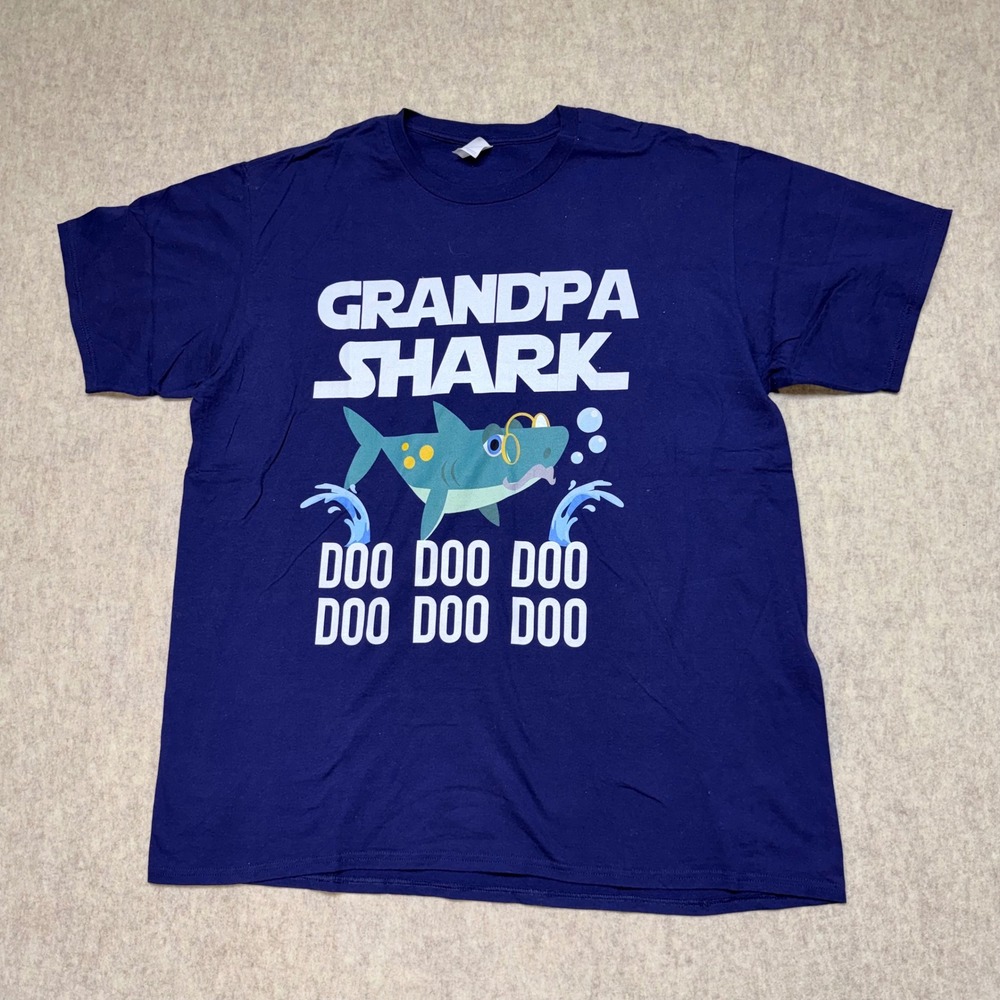 Grandpa‎ Shark T-Shirt Mens 2XL Navy Blue Graphic Tee Gift Father Baby Song